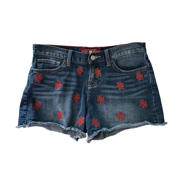 LUCKY BRAND Coral Embroidered Boardwalk denim cutoff shorts size 0/25 - Picture 1 of 11